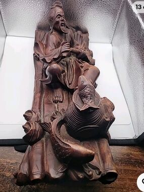 Large Finely Carved Antique Chinese Rosewood Fisherman On Boat Detailed